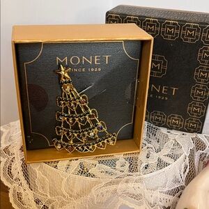 Monet Gold Holiday Tree Pin with Colorful Accents